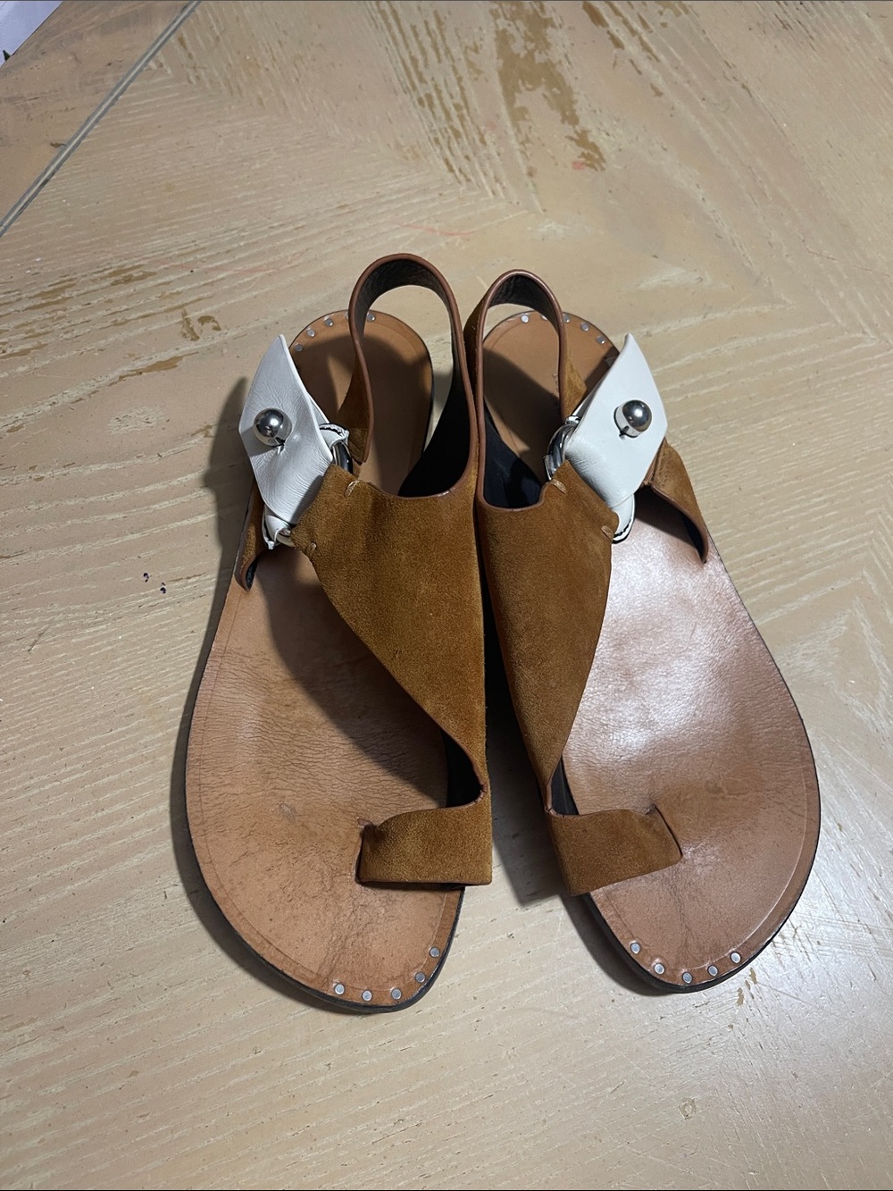 rag & bone Tan Suede Toe-Loop Slingback Sandals with White Accent
